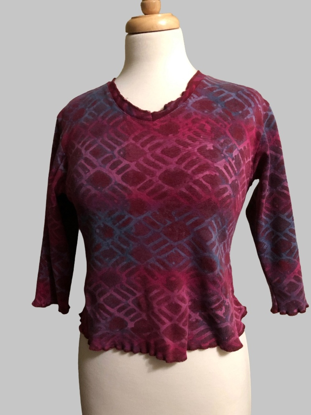 Boho "Winter Sun" Art to Wear Top - Size S Geometric 3/4 Sleeve Festival